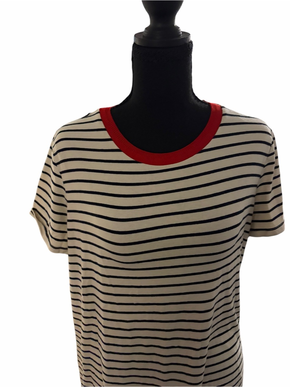 Dalia Striped Short-Sleeve Tee with Red Crewneck